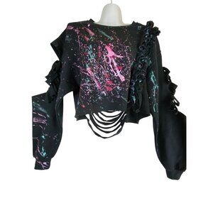 Black Distressed Splatter Paint Cropped Sweatshirt Medium Shredded Punk Eighties